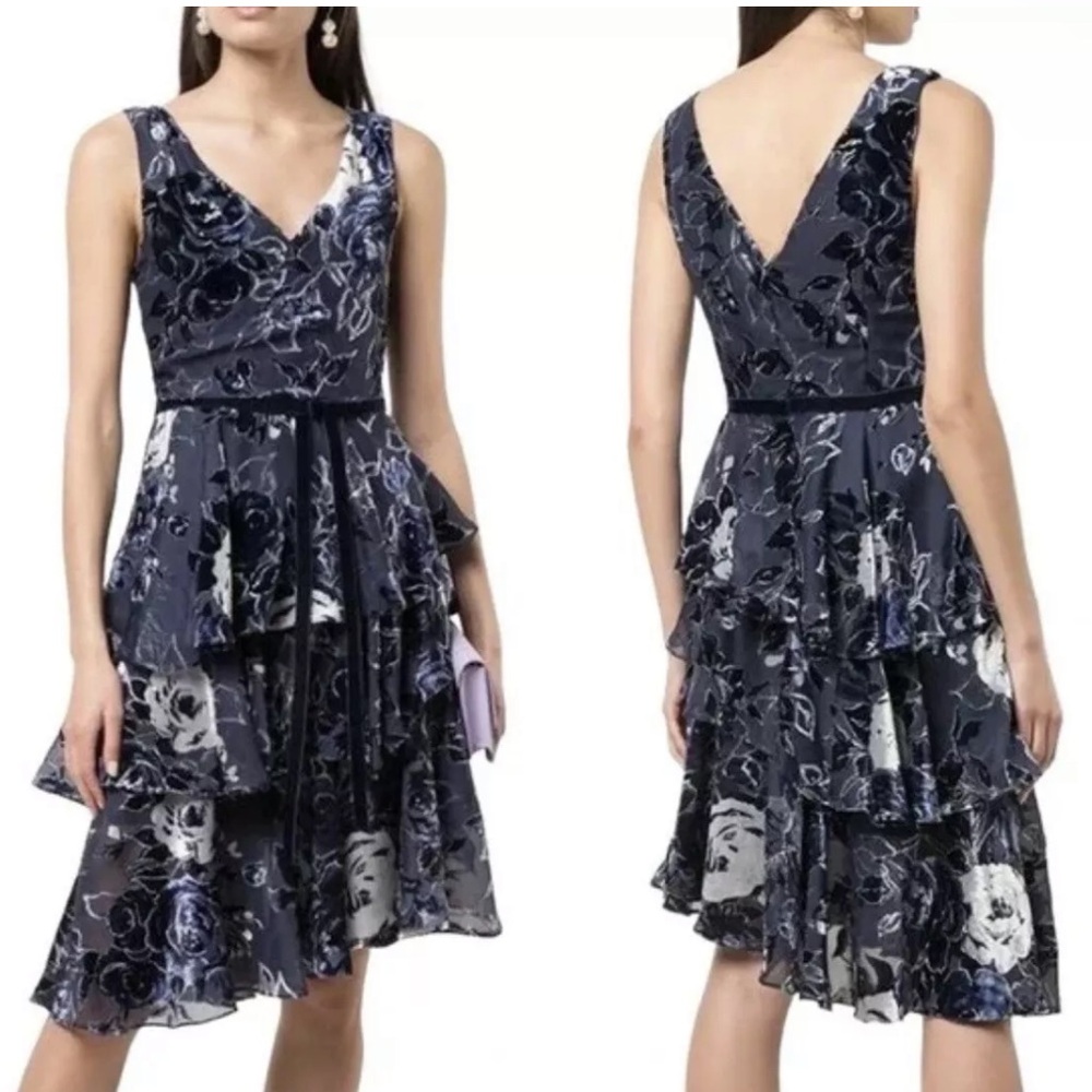 Marchesa Notte Velvet Tiered Cocktail Dress